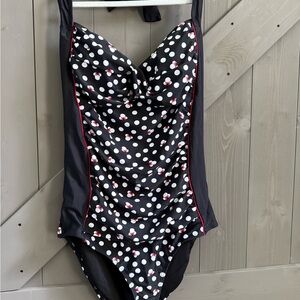 Disney Parks Minnie Mouse Polka Dot One-Piece Swimsuit Ruched Front Red Piping M